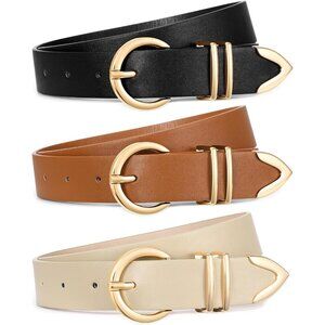 3 Pack Women's Leather Belts for Jeans Dresses Casual Formal Gold Buckle